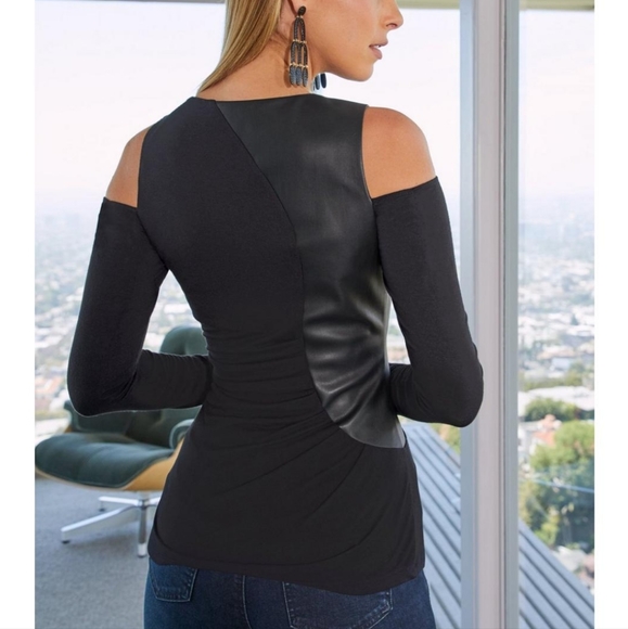 Vegan Leather Cold Shoulder Top - Picture 2 of 7